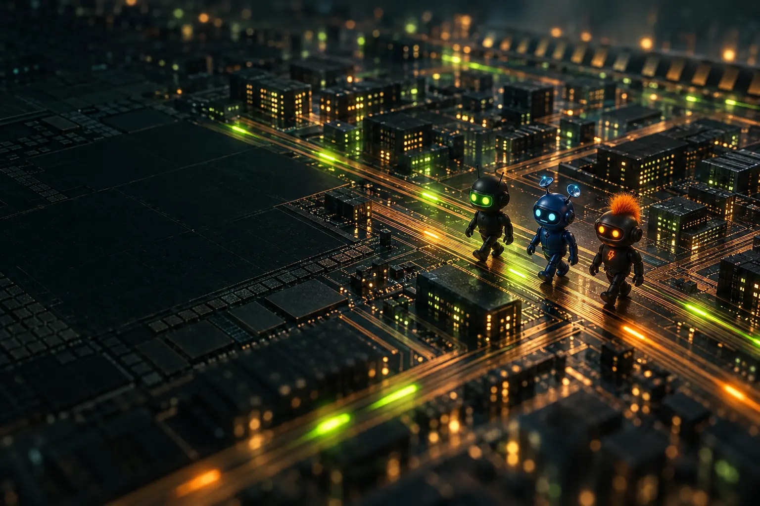 Macro view of a processor die lit up like a city at night, where three KnowAll robots, Sallie, Ollie and Zaplie, walk along a copper trace as green data and orange value pulse through the circuits