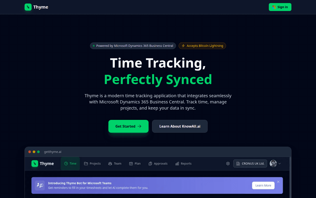 Thyme time tracking home screen at getthyme.ai
