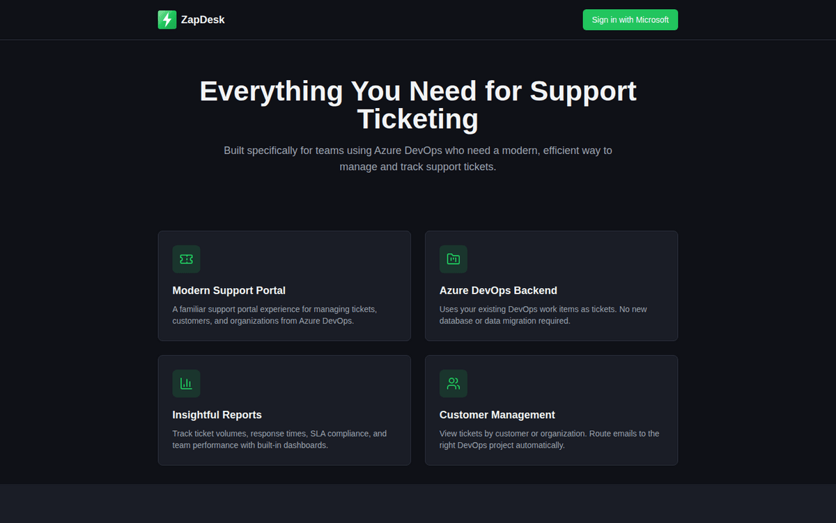 Zapdesk support ticketing portal homepage