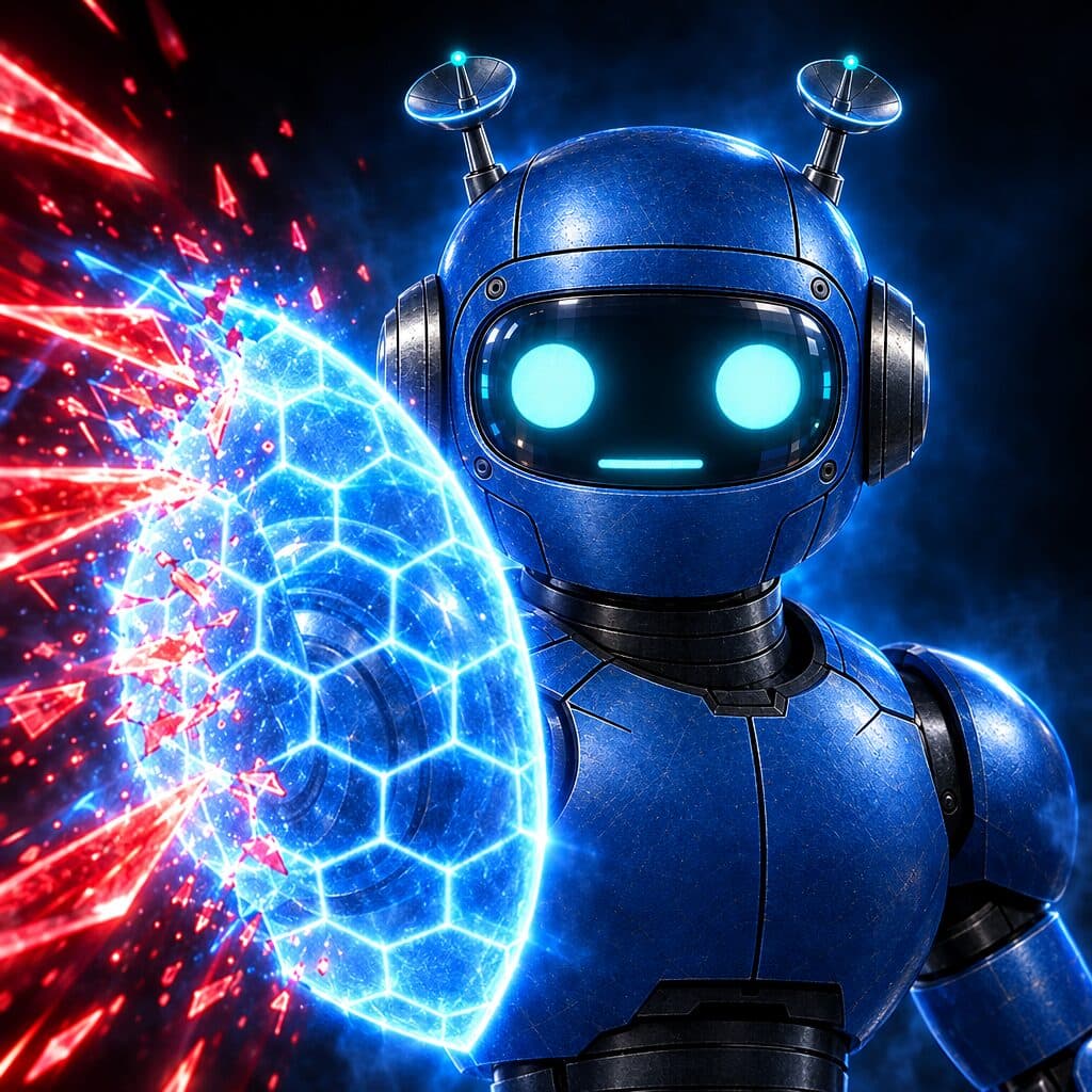 Ollie, the blue robot, raising a glowing hexagonal shield against red shards