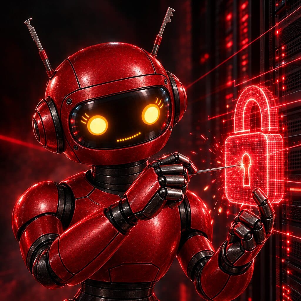 Pennie, the red robot, picking a glowing red holographic padlock on a server rack