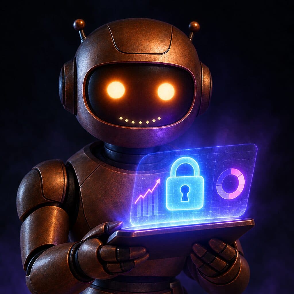 Poppie, the copper robot, holding a tablet projecting a locked blue padlock and a rising chart