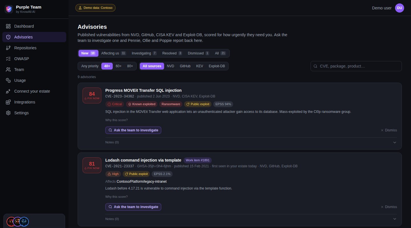 Purple Team Portal, Advisories page, for the fictional company Contoso: Every advisory that affects you, scored and matched to your repositories