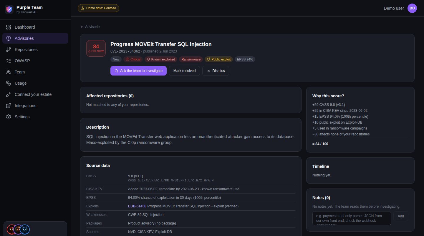 Purple Team Portal, Advisory detail page, for the fictional company Contoso: Why it matters to you, the evidence, and what the team did about it