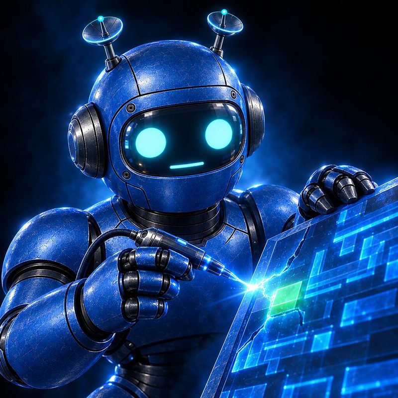 Ollie, the blue robot, sealing a crack in a glowing panel of code