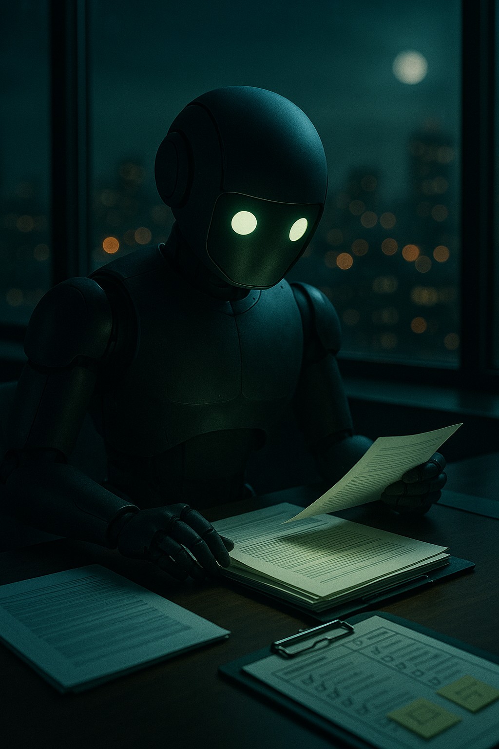 KnowAll's AI requirements-analyst robot reviewing project documents at night